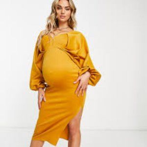 ASOS Maternity batwing sweetheart neck body-conscious midi dress in mustard
